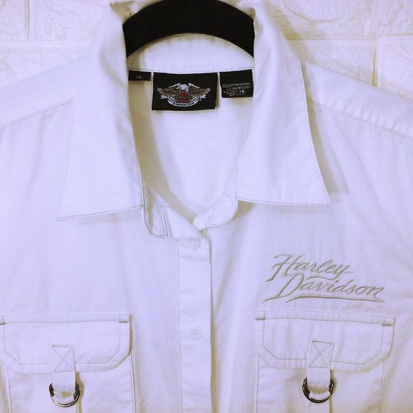 2008 Harley Davidson Blouse SSL Top Shirt Ladies-XL Pockets Buckles Logo White - Picture 5 of 10